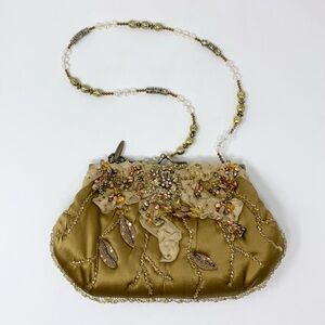 Mary Frances Vintage Embellished Floral Satin Shoulder Bag / Clutch Antique Gold